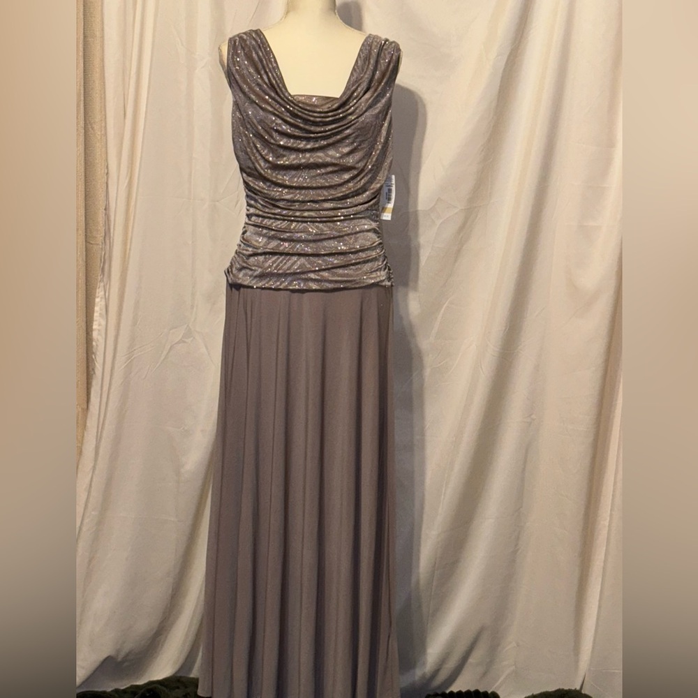 R & M Richards Gray Ruched Maxi Gown for Weddings